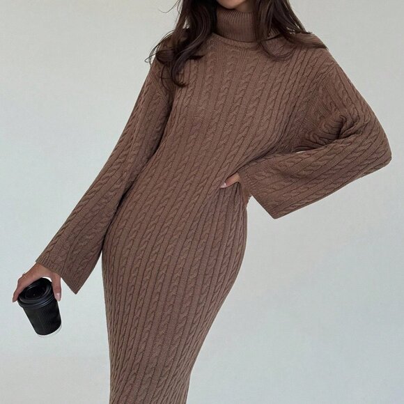 MODA ME COUTURE Dresses & Skirts - Coffee Brown Casual Women's Long Cable Knit Loose Fitted High Neck Sweater Dress